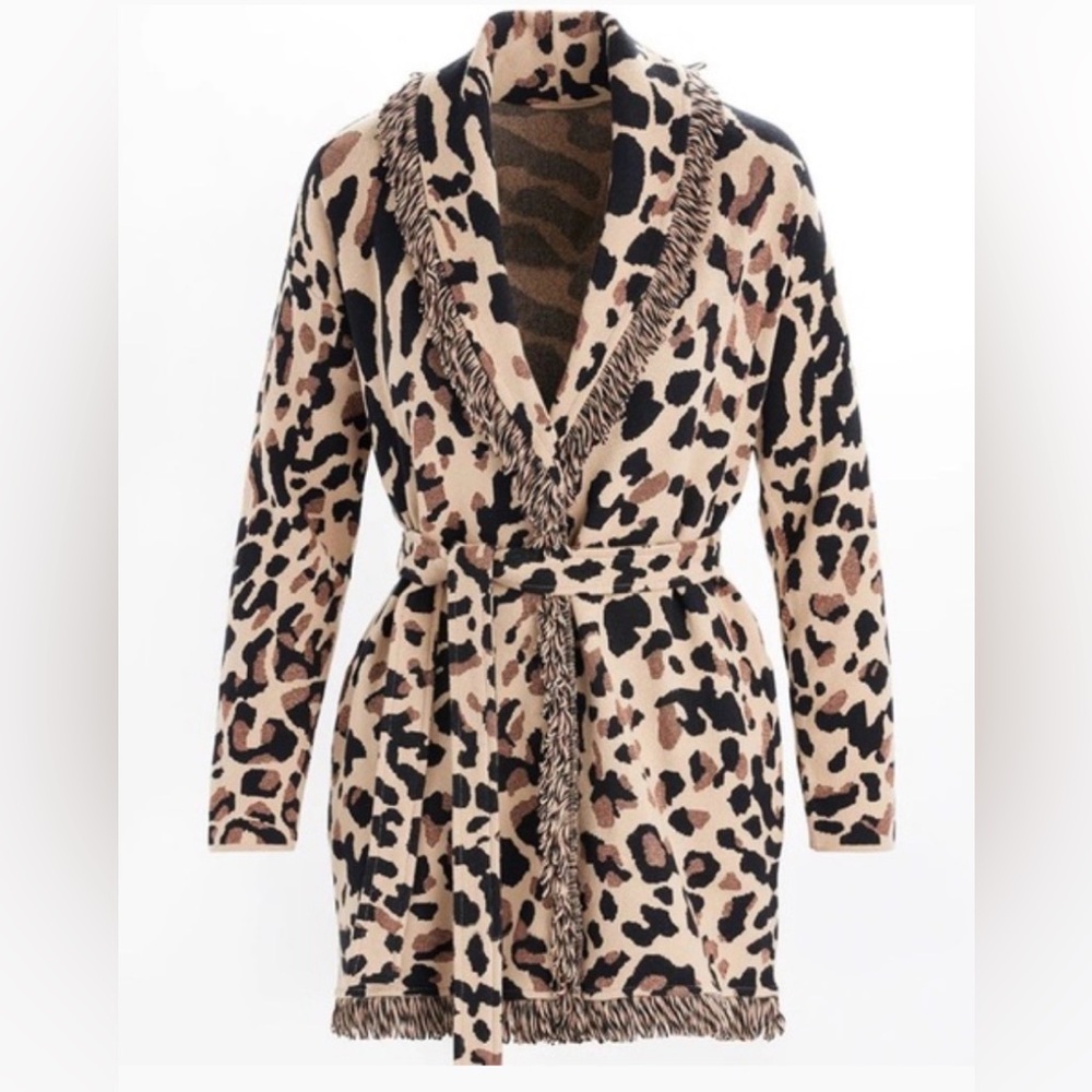 Chico’s Leopard Print Cardigan with Fringe size 2/ large - Picture 2 of 5